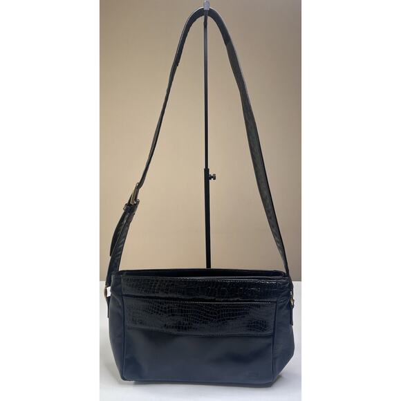 SAS Shoulder Bag Black Leather Croc Print Zip Top Adjustable Strap Authentic USA - Picture 5 of 8